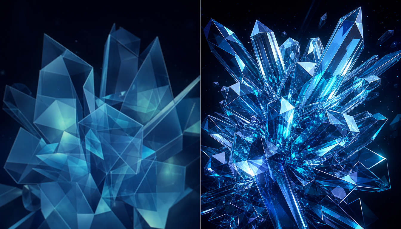 Abstract side by side comparison showing visual quality evolution from standard to enhanced AI video generation with crystalline geometric forms
