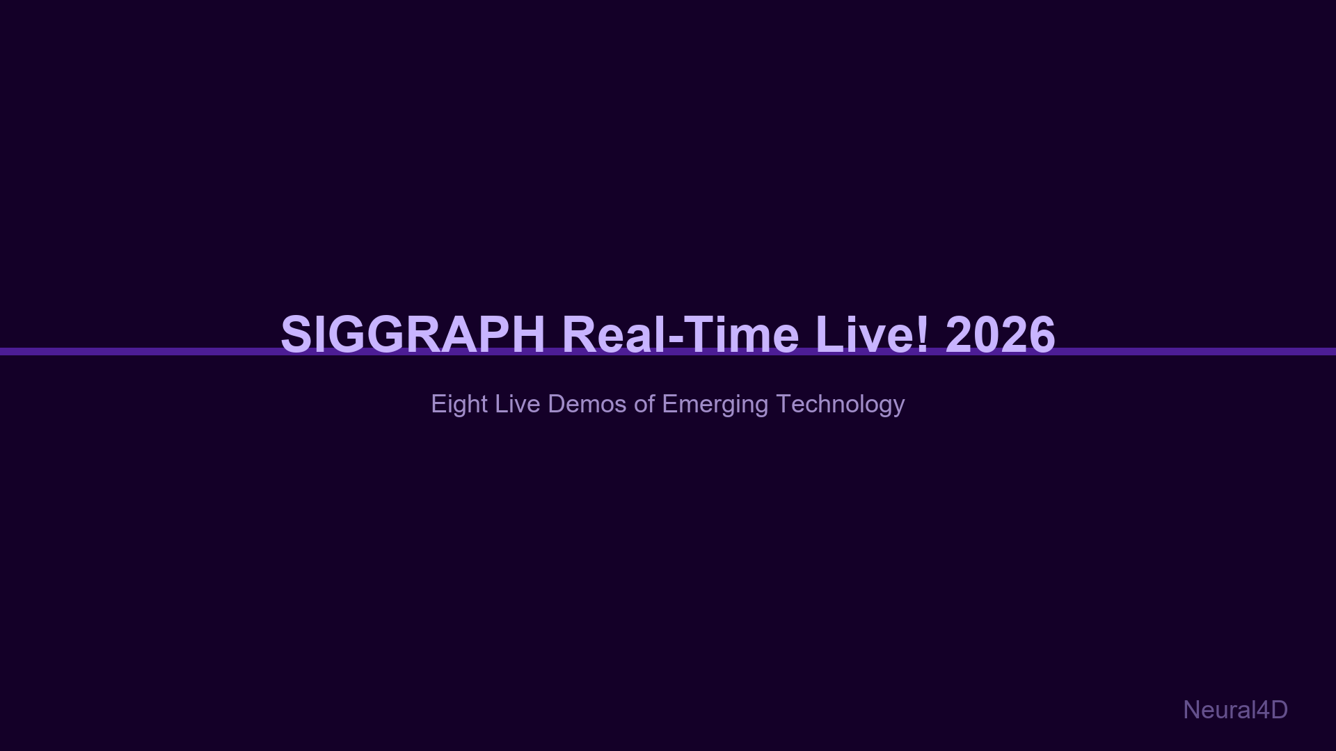 SIGGRAPH 2026 Real-Time Live stage with 3D assets being generated in real time from audience images on a large display screen