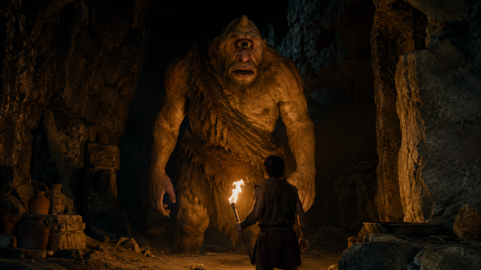 A cinematic cave scene with a massive Cyclops silhouette illuminated by torchlight, representing Christopher Nolan's practical approach to filmmaking in The Odyssey
