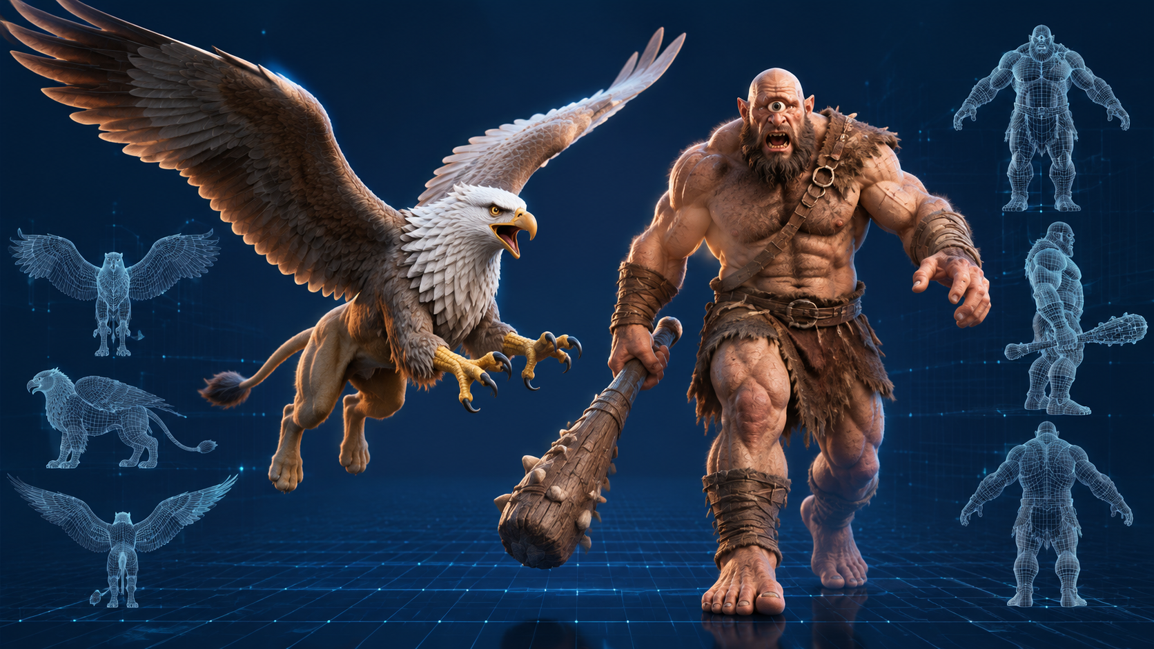 Digital wireframe and mesh models of mythological creatures floating in a dark navy digital space with cyan grid lines, representing AI-powered 3D generation