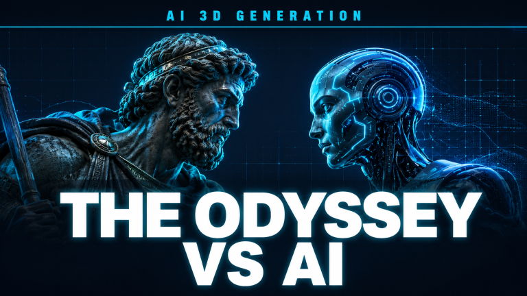 The Odyssey vs AI: magazine cover style typography with dark navy background, cyan grid lines, and bold white title text representing the debate between Christopher Nolan practical filmmaking and AI 3D generation