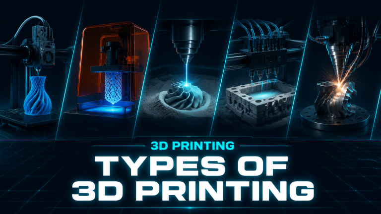 Types of 3D printing technology comparison guide featuring FDM SLA and SLS processes