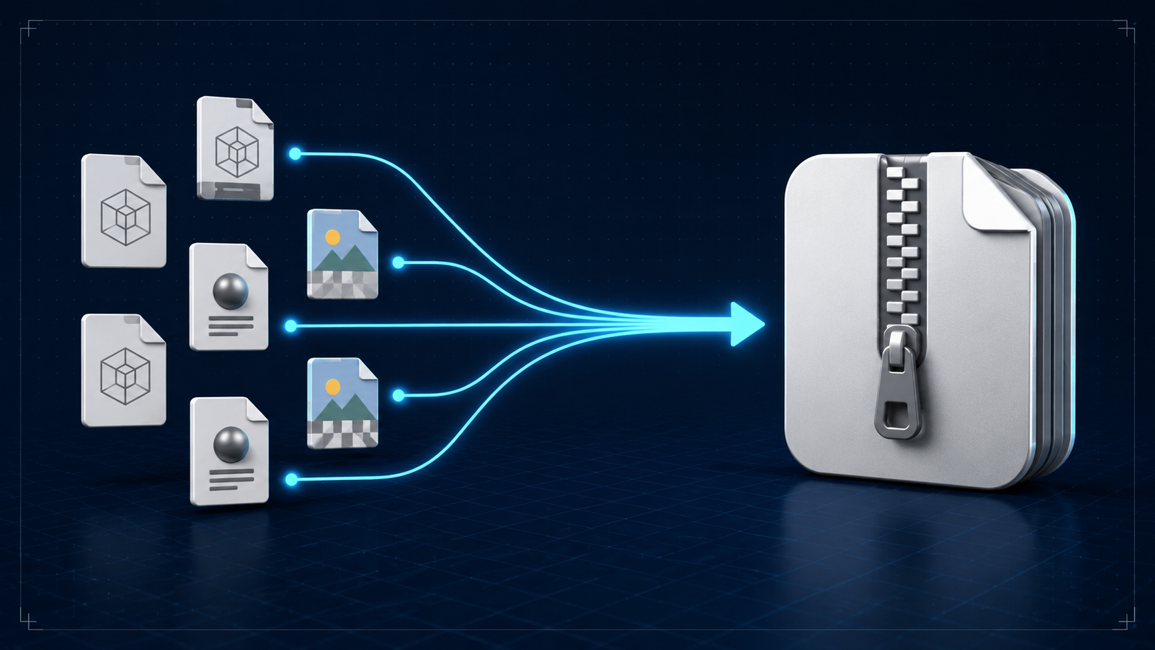 Technical diagram showing USDZ single-file packaging with USD files and textures combined into a single archive container