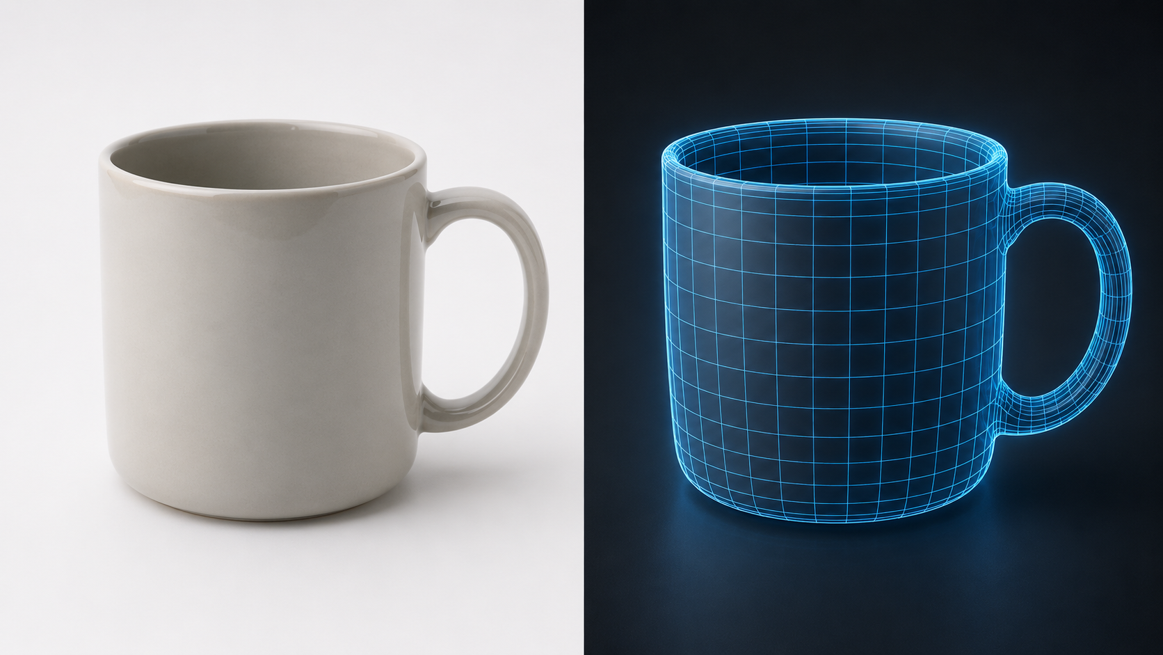 Split screen comparison showing a product photo on the left and a 3D wireframe mesh reconstruction on the right demonstrating AI model generation