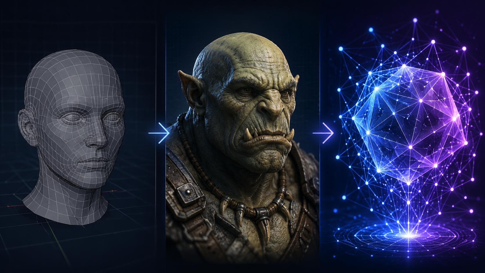 3D modeling evolution showing a wireframe mesh, a fully textured polygonal model, and an AI-generated 3D asset side by side