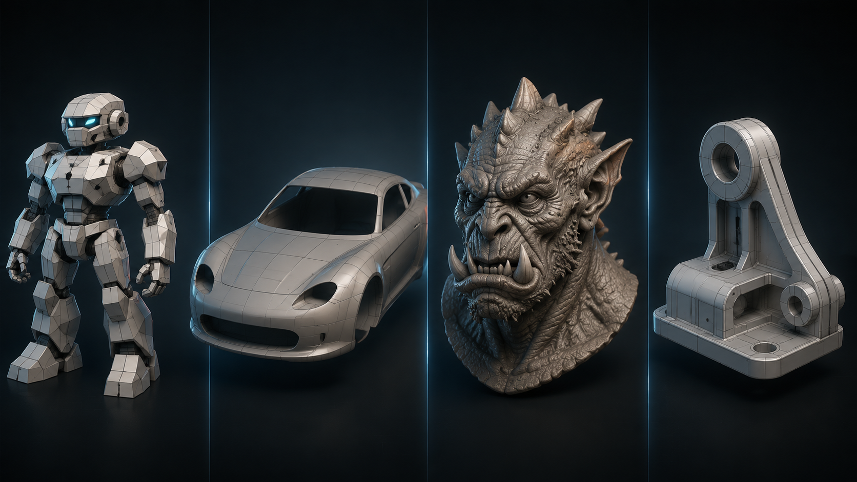 Side-by-side comparison of four 3D modeling outputs: a polygonal game character, a NURBS automotive surface, a sculpted creature, and a CAD engineering part