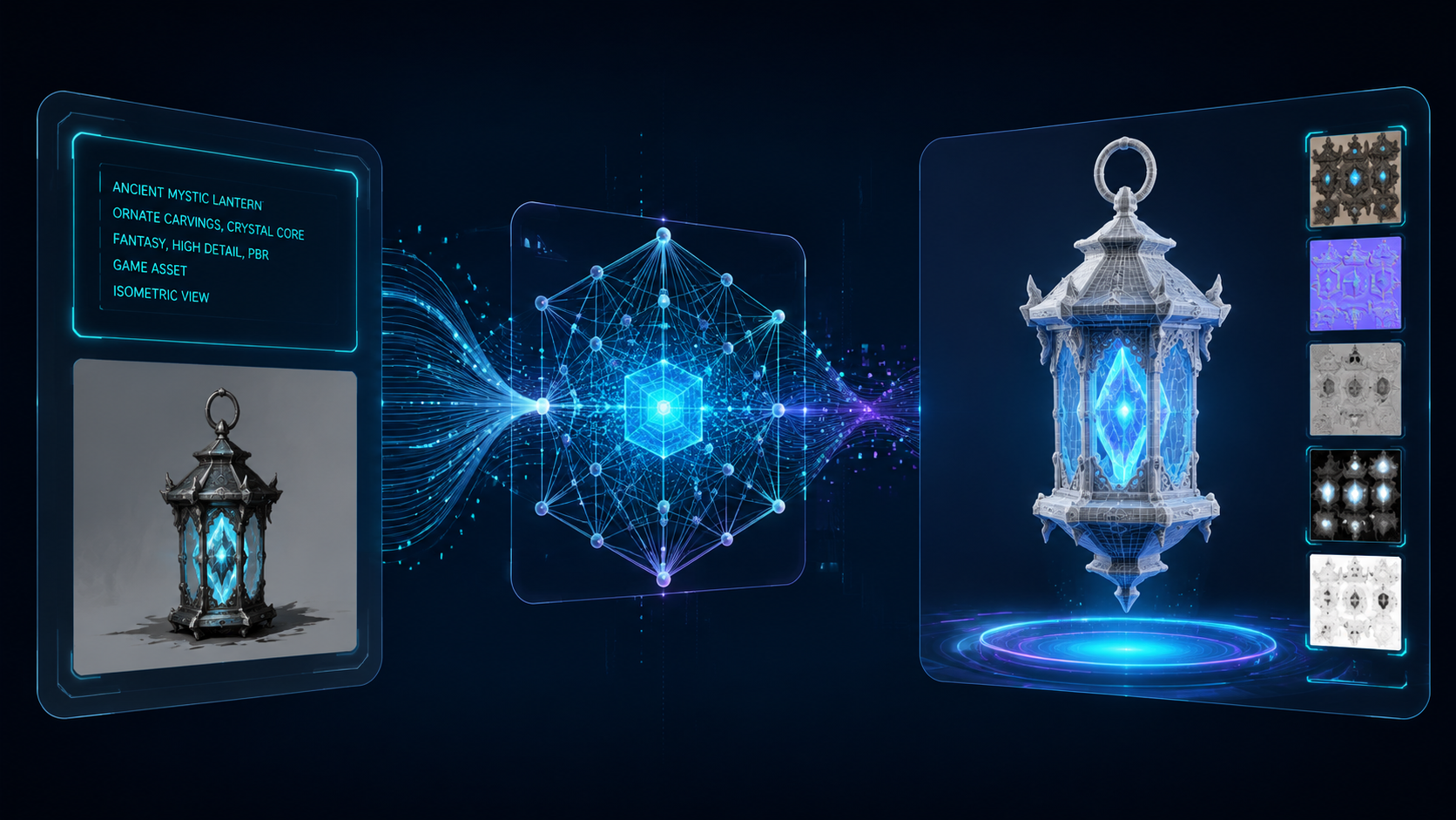 The Neural4D AI 3D modeling workflow showing input options (text or image), the Direct3D-S2 processing stage, and the output mesh with PBR textures