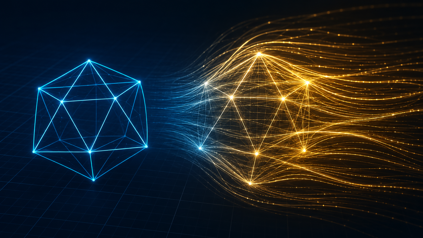 Abstract visualization of a static 3D wireframe mesh transitioning into a moving 4D sequence with motion trail lines