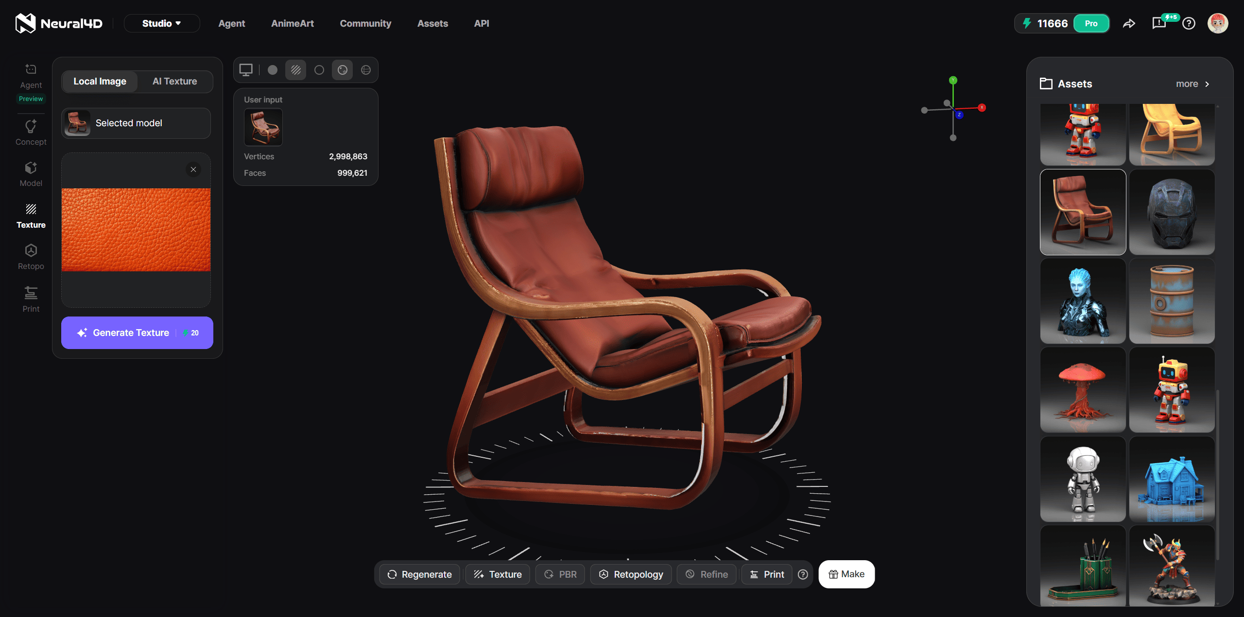 How to texture 3D models with AI in Neural4D: a 2D reference image drives the PBR material applied to a 3D Studio mesh