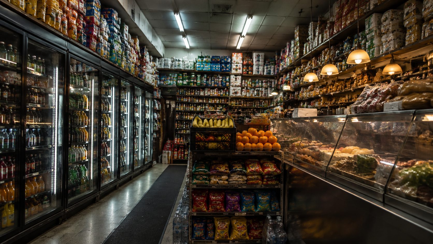 Reference mood board showing a dense New York bodega interior with ceiling-high shelving, drink coolers, a deli counter, and stacked crates under mixed lighting