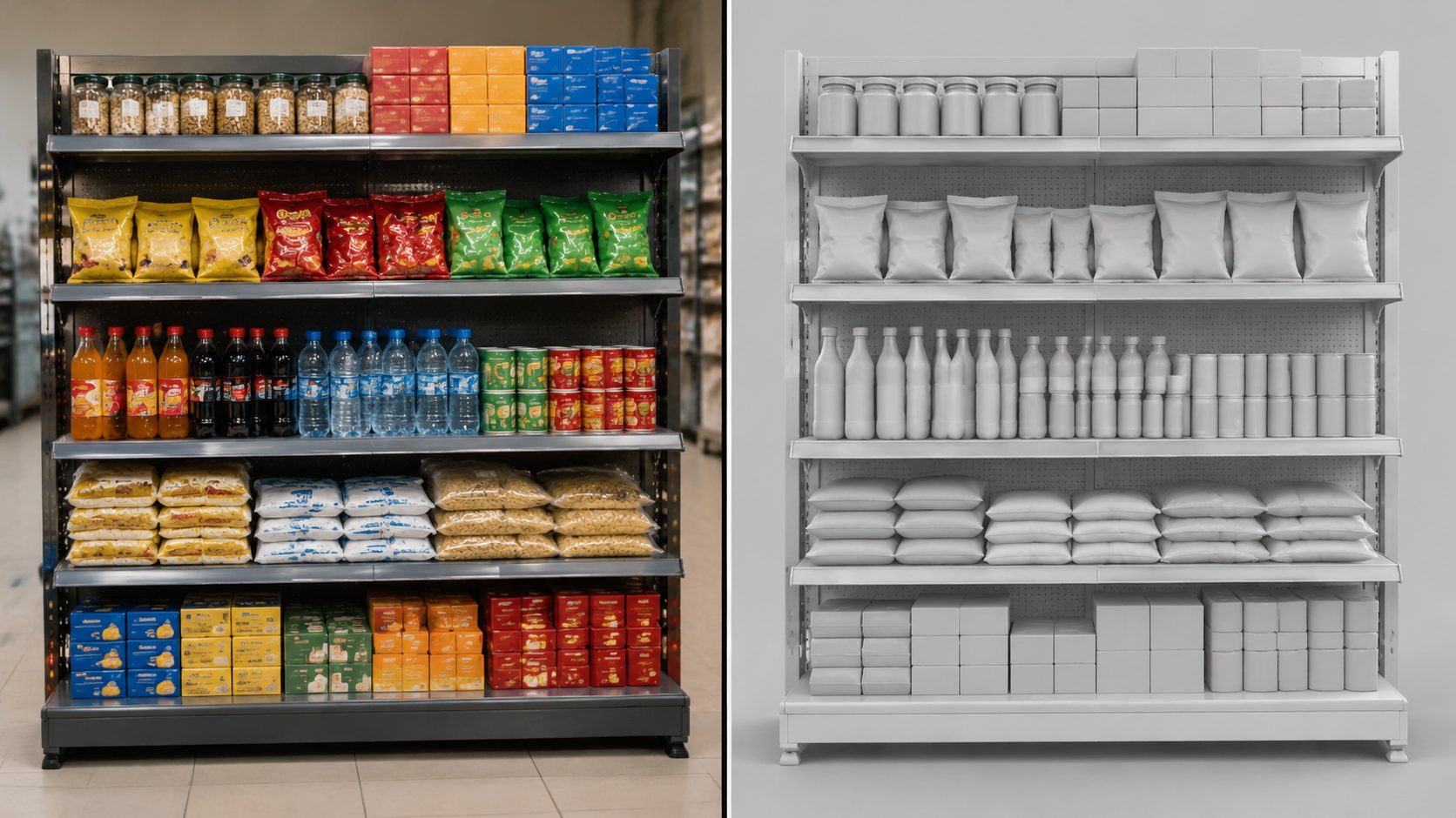 Split view showing a reference photo of a bodega shelf on the left and the AI generated 3D mesh of that shelf on the right