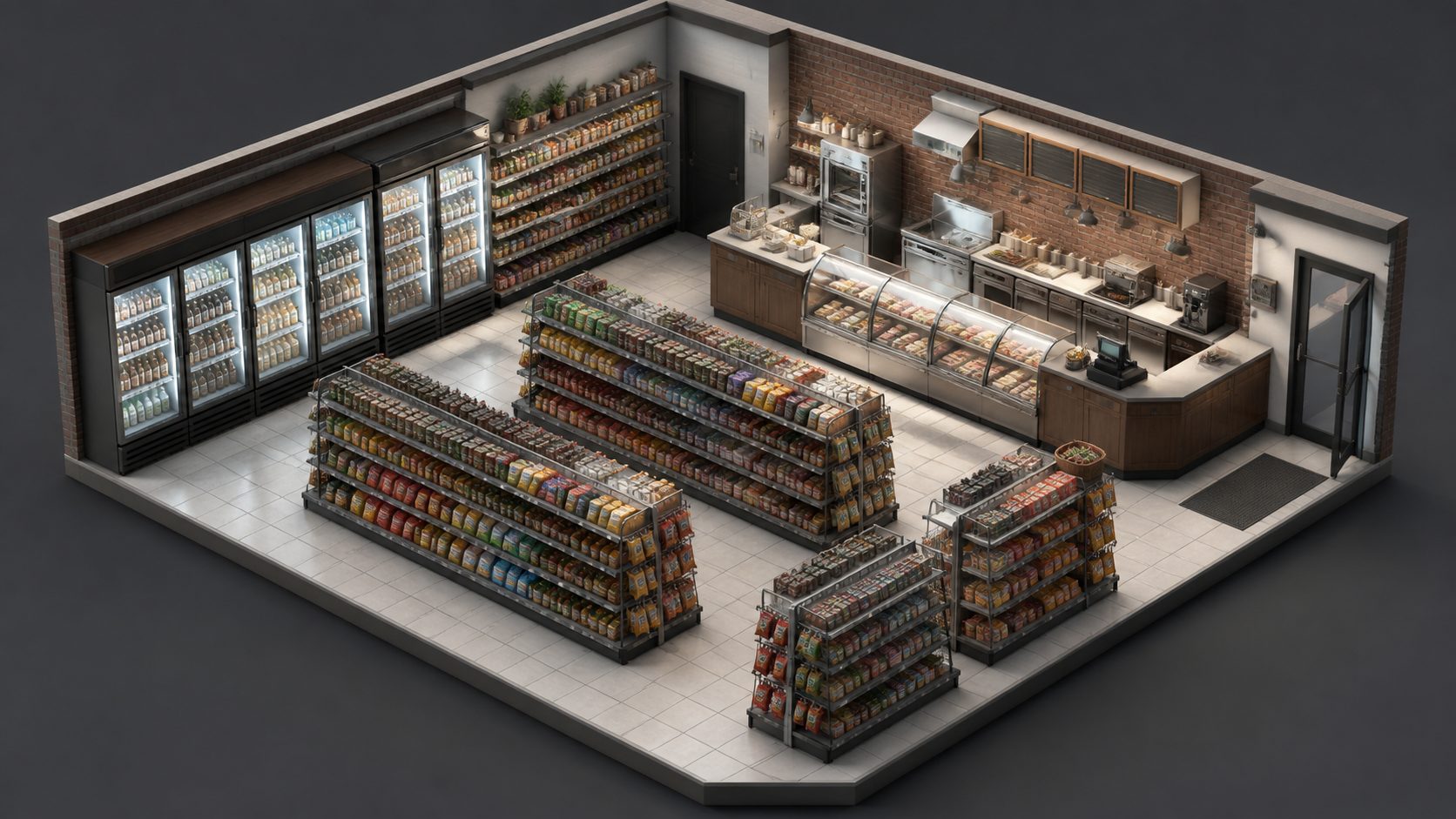 Isometric view of a modular bodega retail interior with shelving units, drink coolers, a deli counter, and PBR materials applied