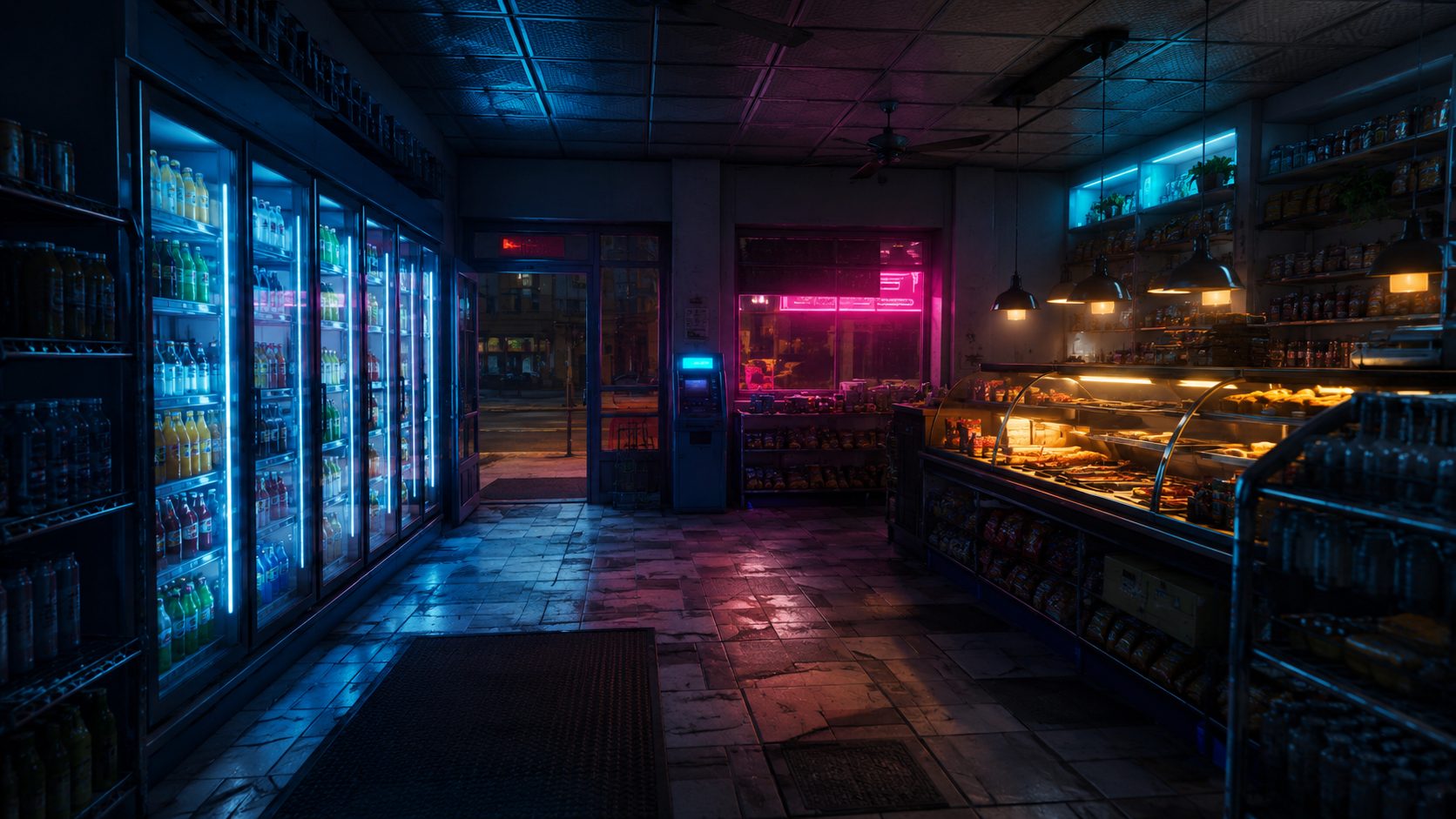 Dim bodega interior at night with neon signage glow, warm tungsten ceiling fixtures, and the cool blue light of drink coolers