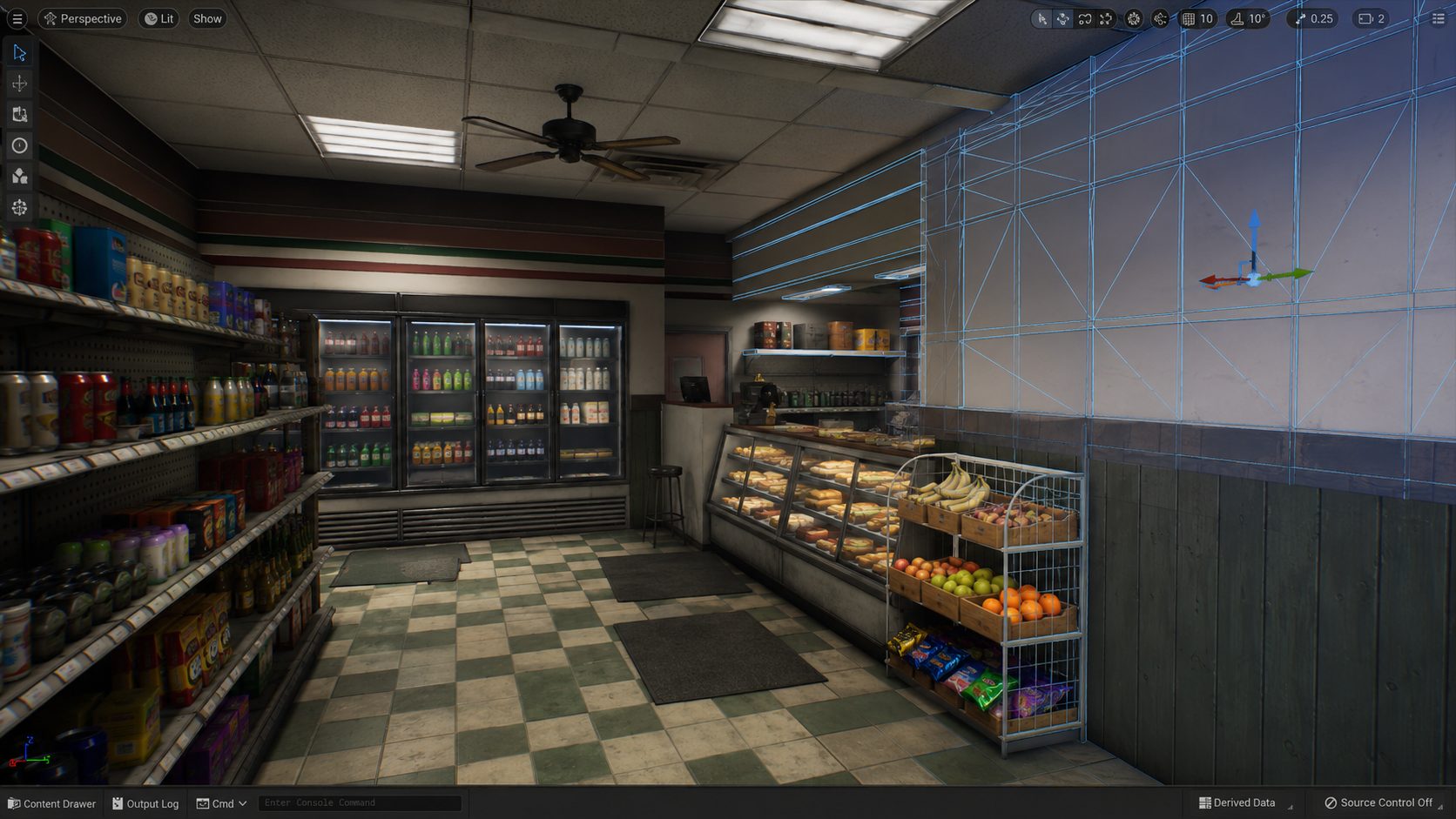 A complete AI generated bodega interior displayed in a game engine viewport with clean wireframe topology and PBR materials