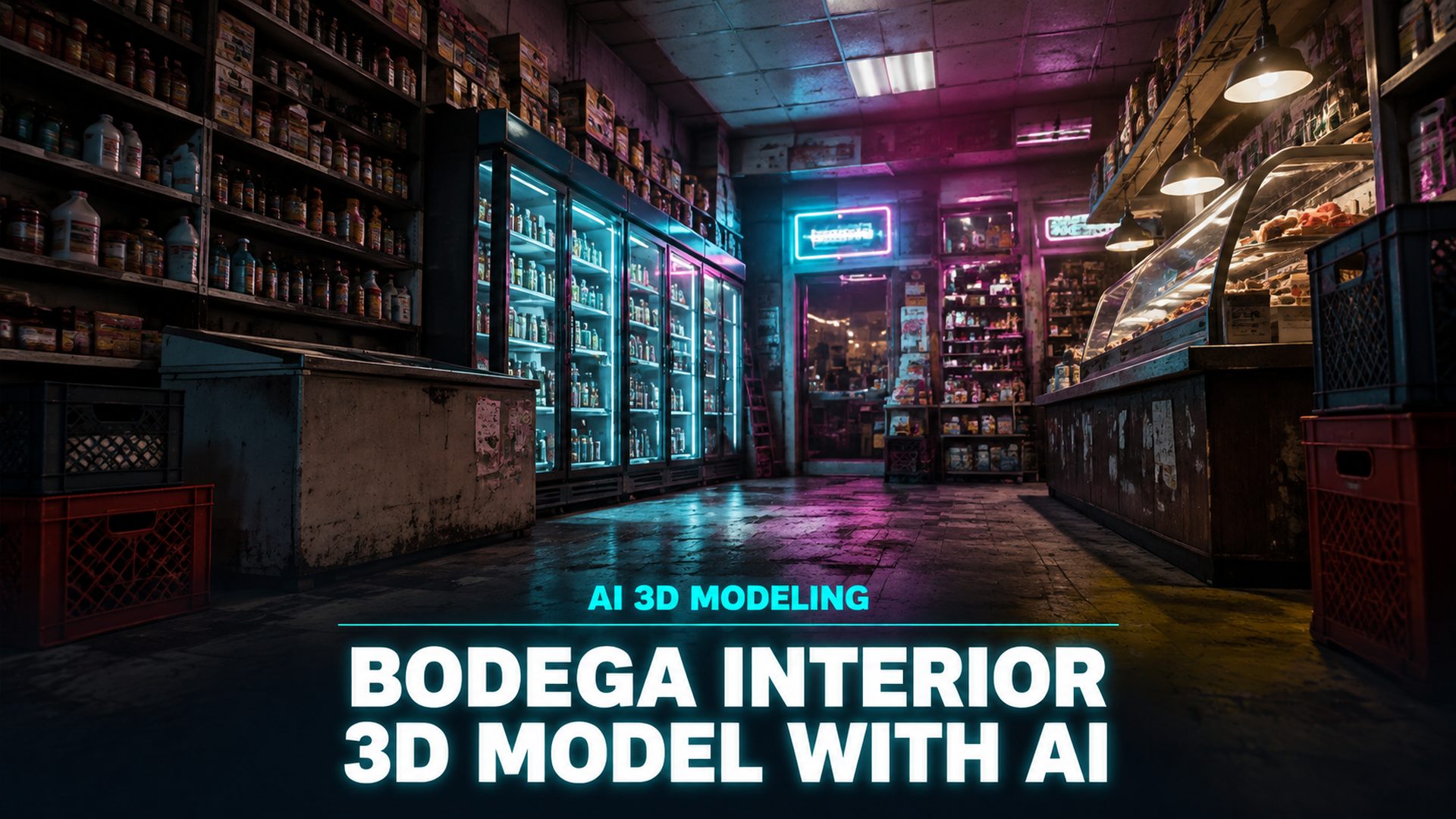 AI generated bodega interior 3D model of a New York corner store at night with neon signage