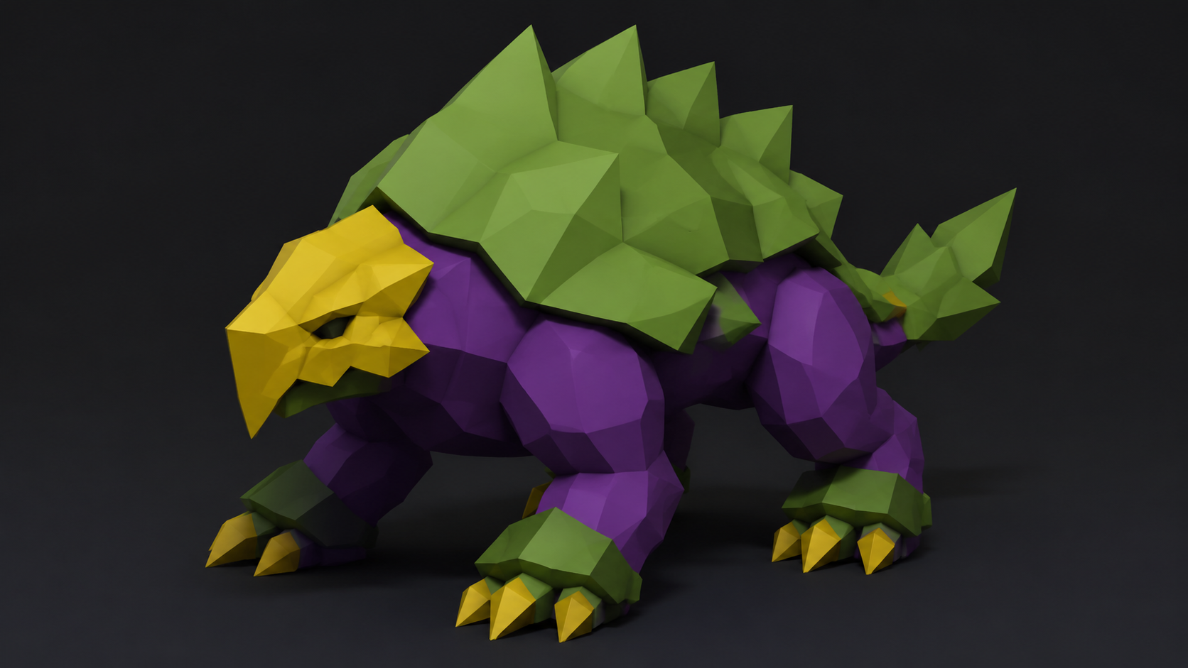 A low poly 3D creature model with colored regions in a 3D viewport without UI chrome