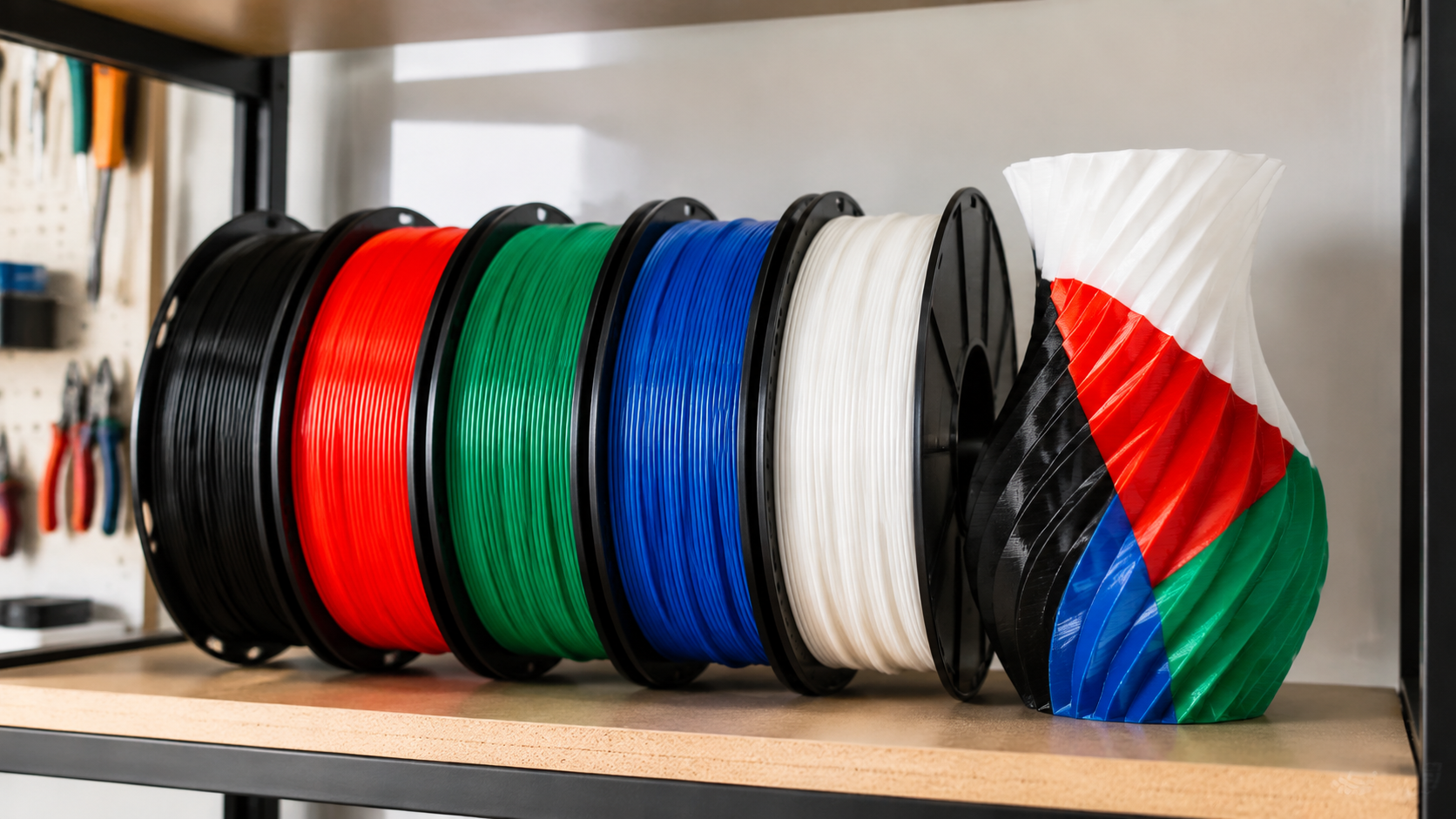 Multiple filament spools racked together beside a 3D printed object with sharp color seams