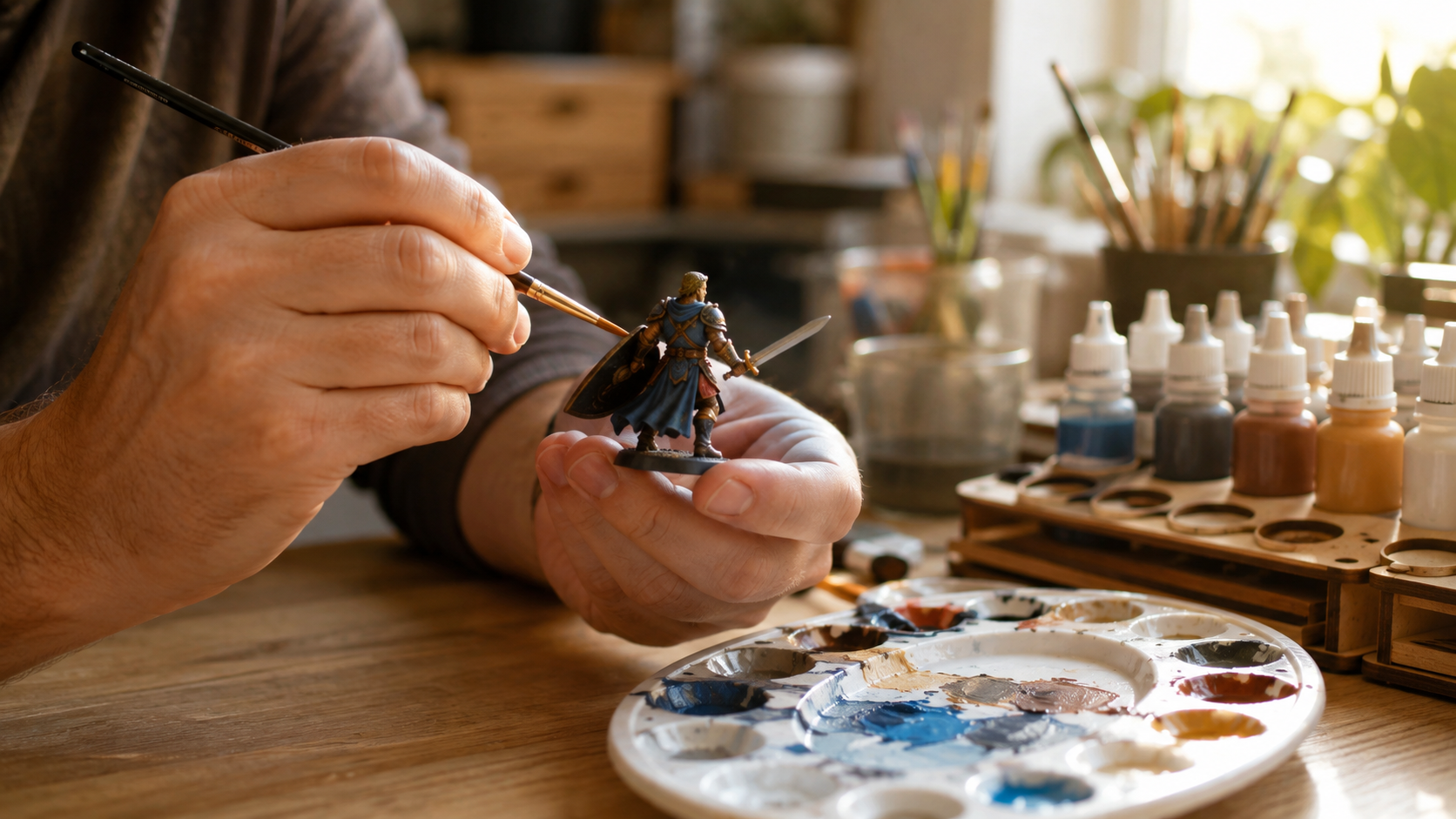 A maker hand painting a 3D printed miniature with a fine brush in a bright workshop