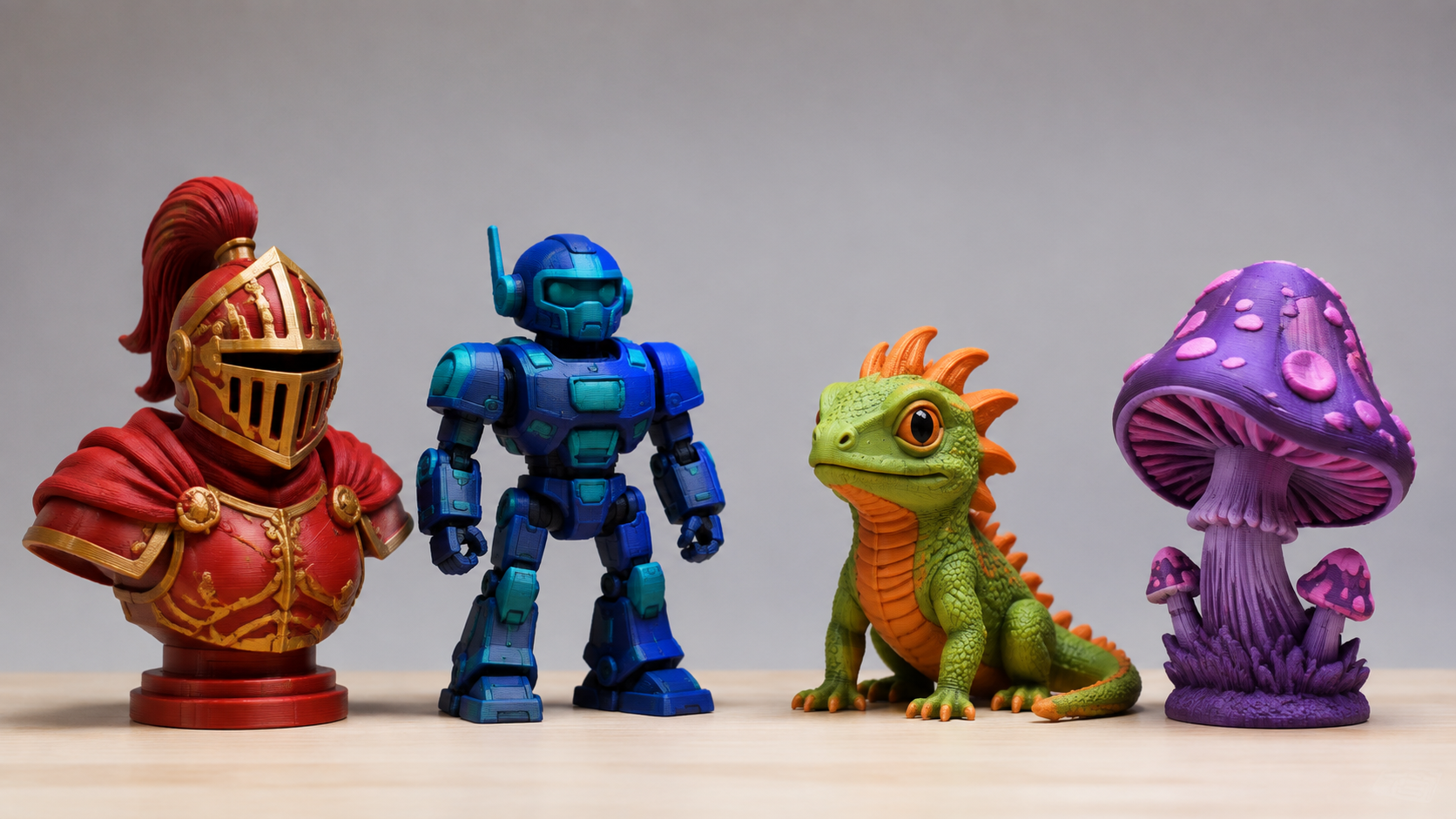 A lineup of four colorful 3D printed objects in different palettes side by side