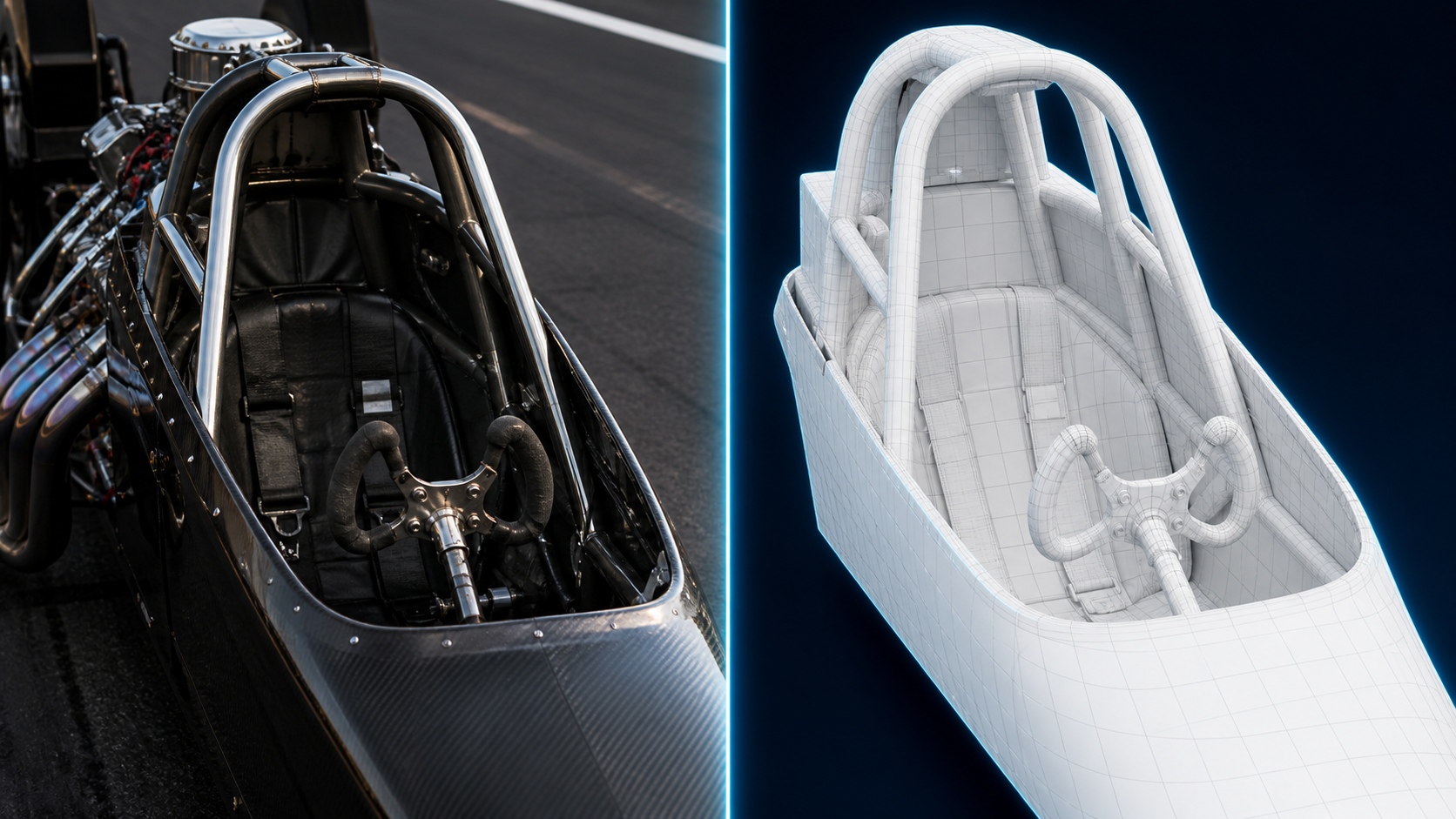 dragster cockpit reference photo turning into a clean watertight 3D mesh with AI image to 3D