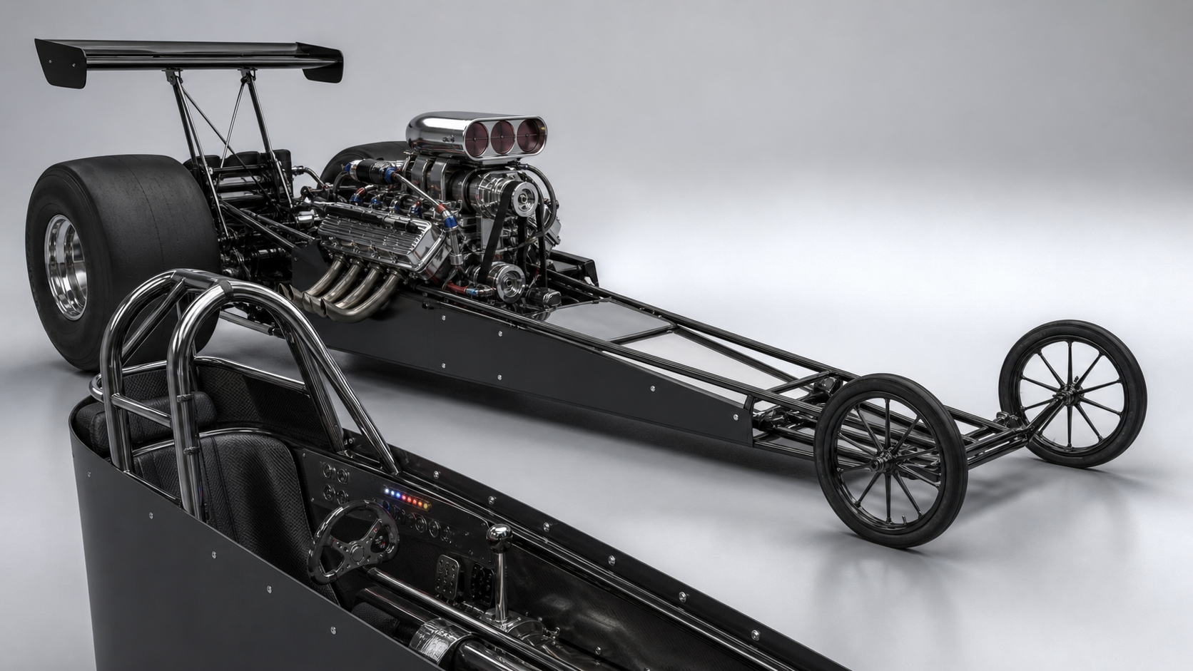 detailed marketplace dragster 3D model with the cockpit interior opened up and visible