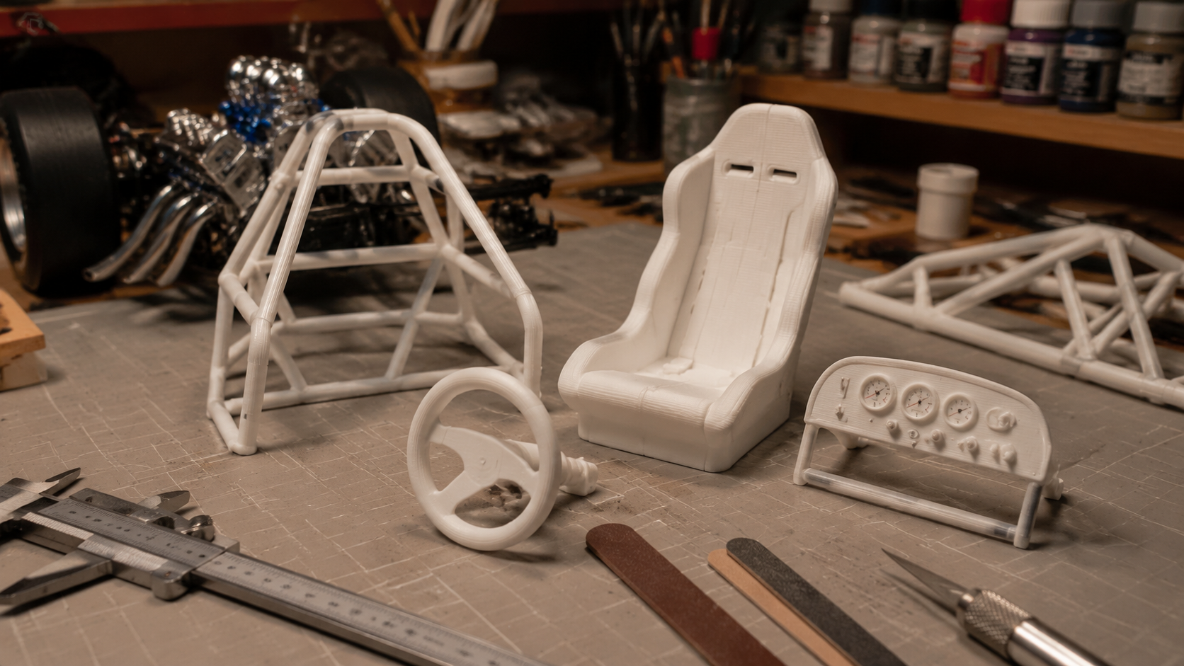3D printed dragster cockpit parts in 1/24 scale including seat, butterfly steering wheel and roll cage on a build bench