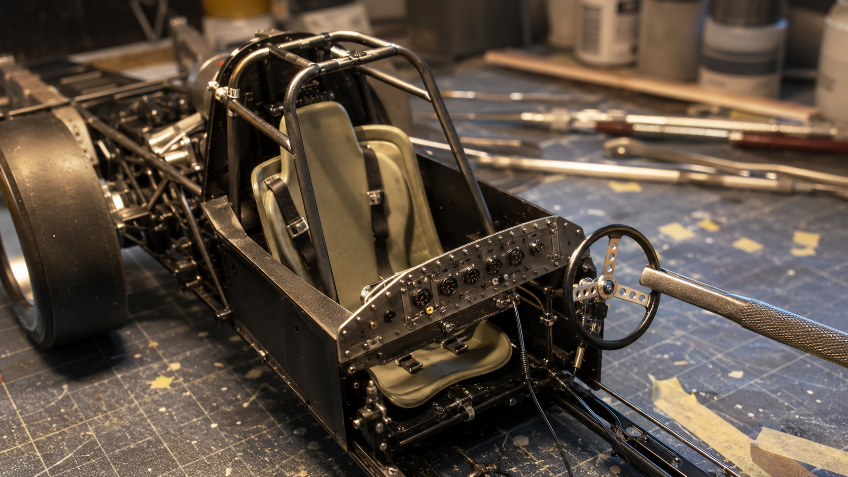 scale model dragster cockpit kit-bash with photo etched details, resin seat and wire roll cage on a workbench