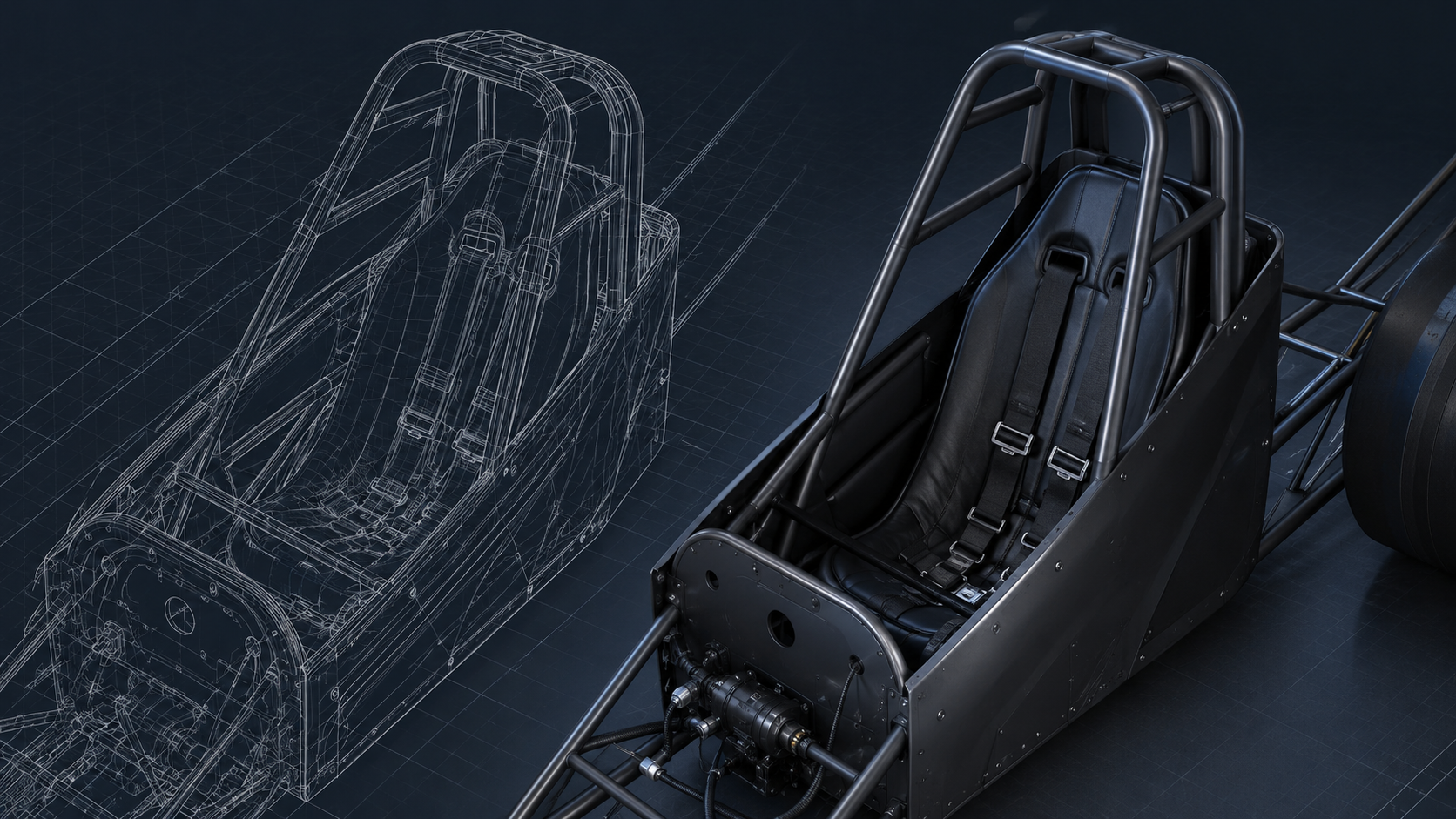 CAD wireframe model of a dragster cockpit roll cage over a finished shaded render