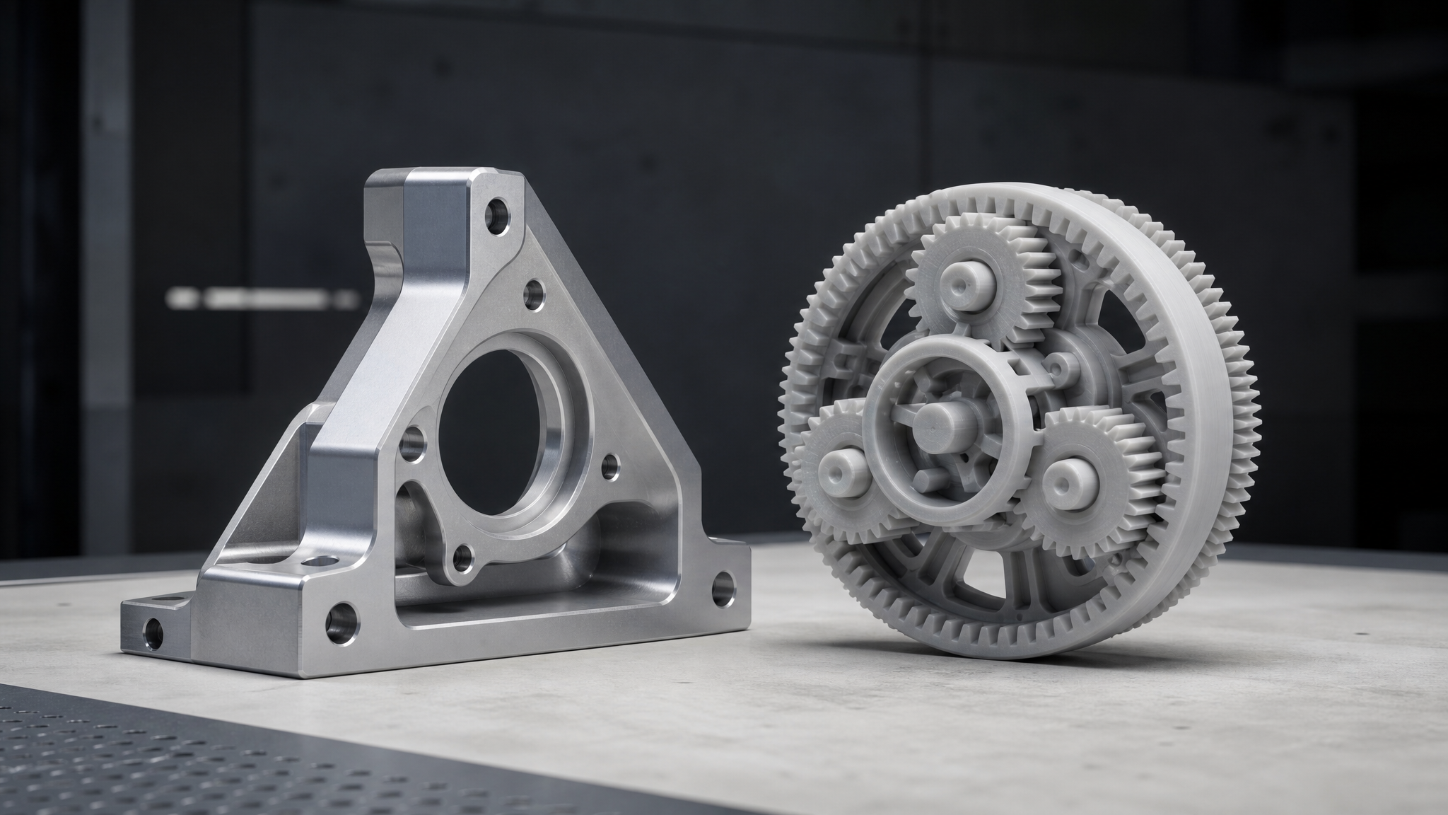Two finished mechanical parts printed from parametric CAD models, one industrial and one precision machined, no brand logos