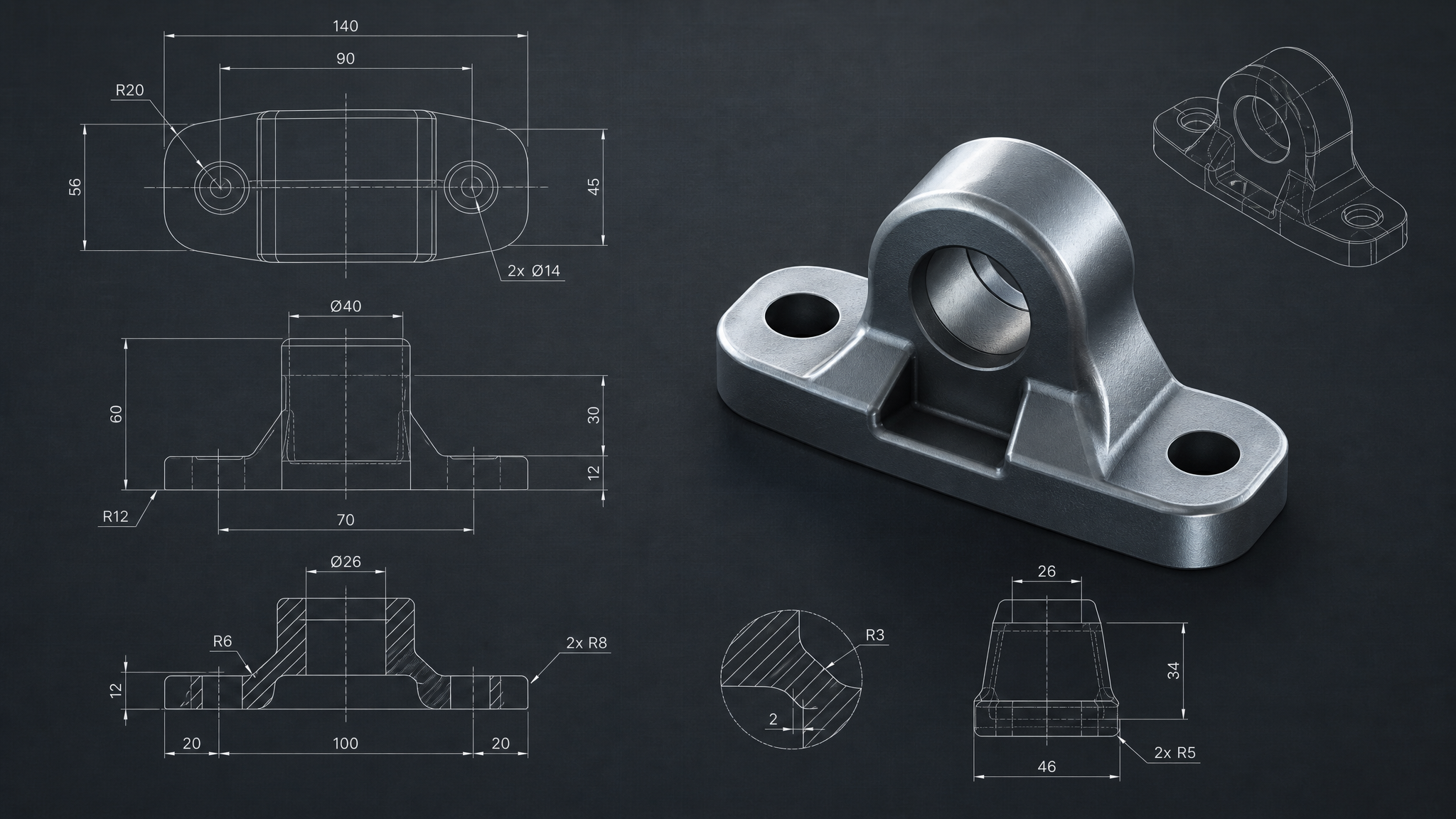 Engineering blueprint with precise dimension callouts on a mechanical part, clean technical rendering, no brand logos