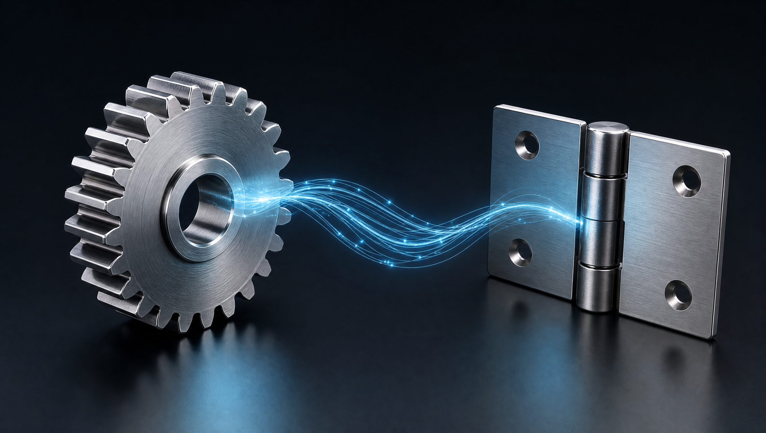 Precision machined gear and hinge parts generated from a text description, clean studio lighting, no brand logos