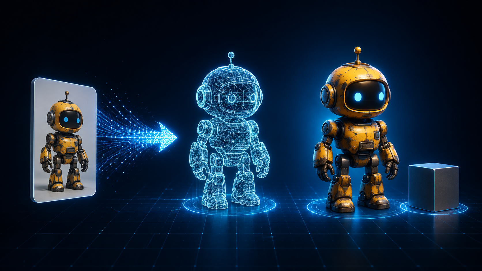 AI 3D workflow turning a 2D reference image into a clean watertight 3D mesh with PBR materials ready for GLB export