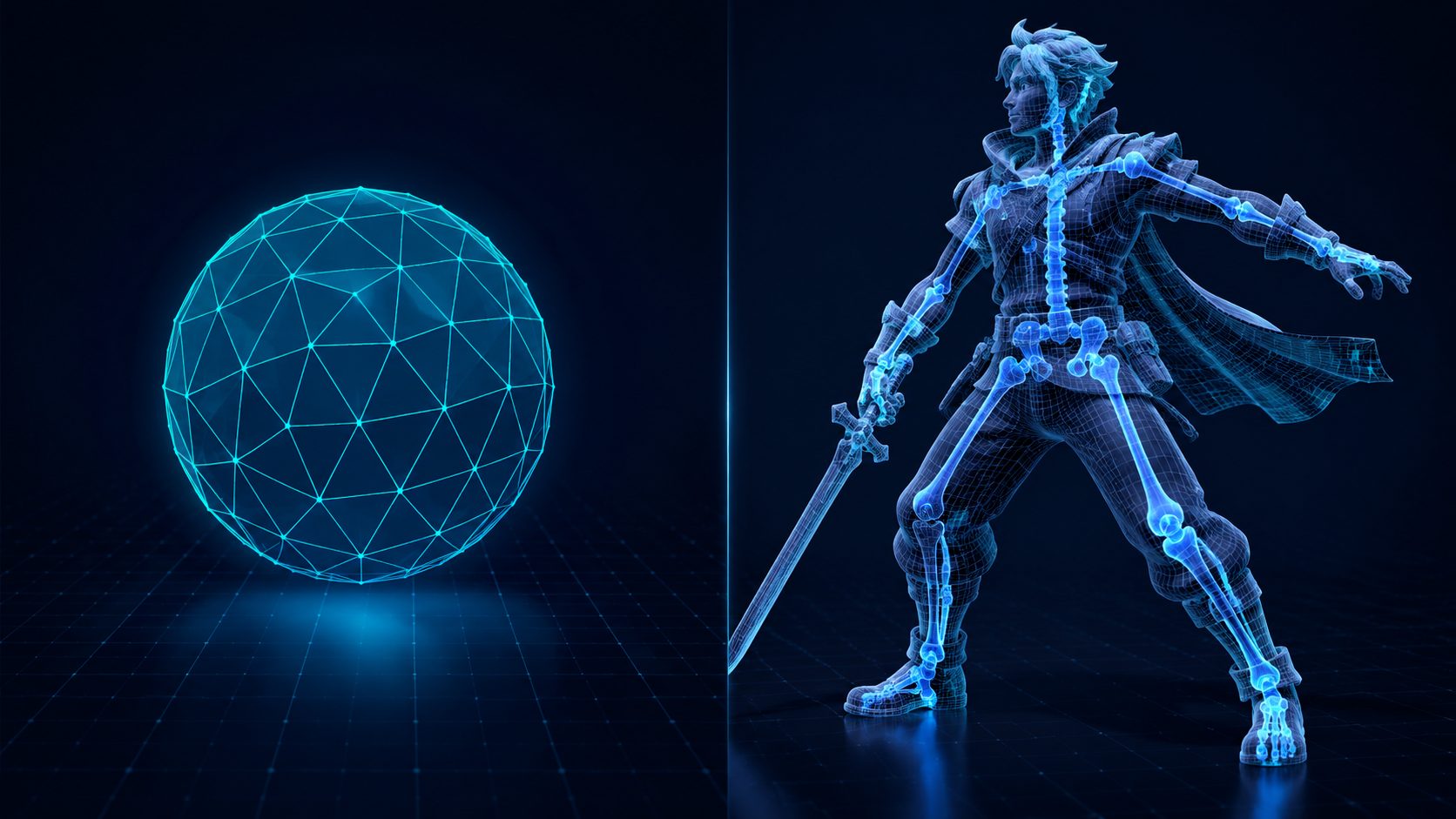 Side by side contrast of a compact glTF wireframe sphere and a detailed FBX character mesh with a visible skeletal bone rig