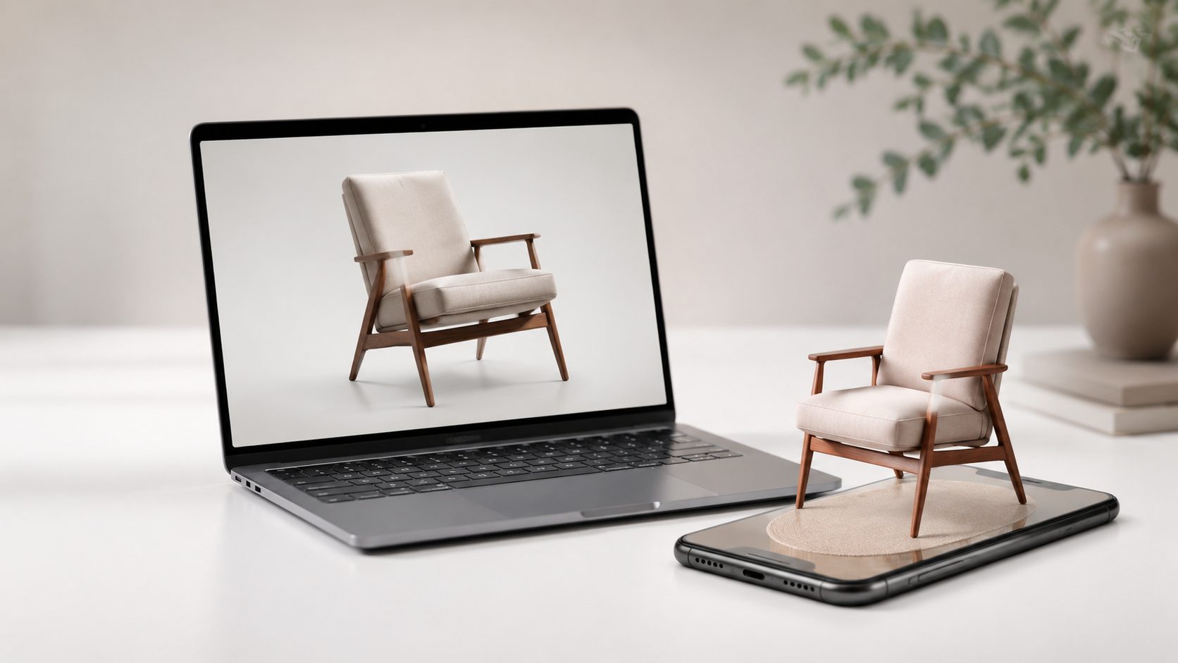 A 3D product model shown on a laptop screen beside a smartphone displaying the same product in augmented reality
