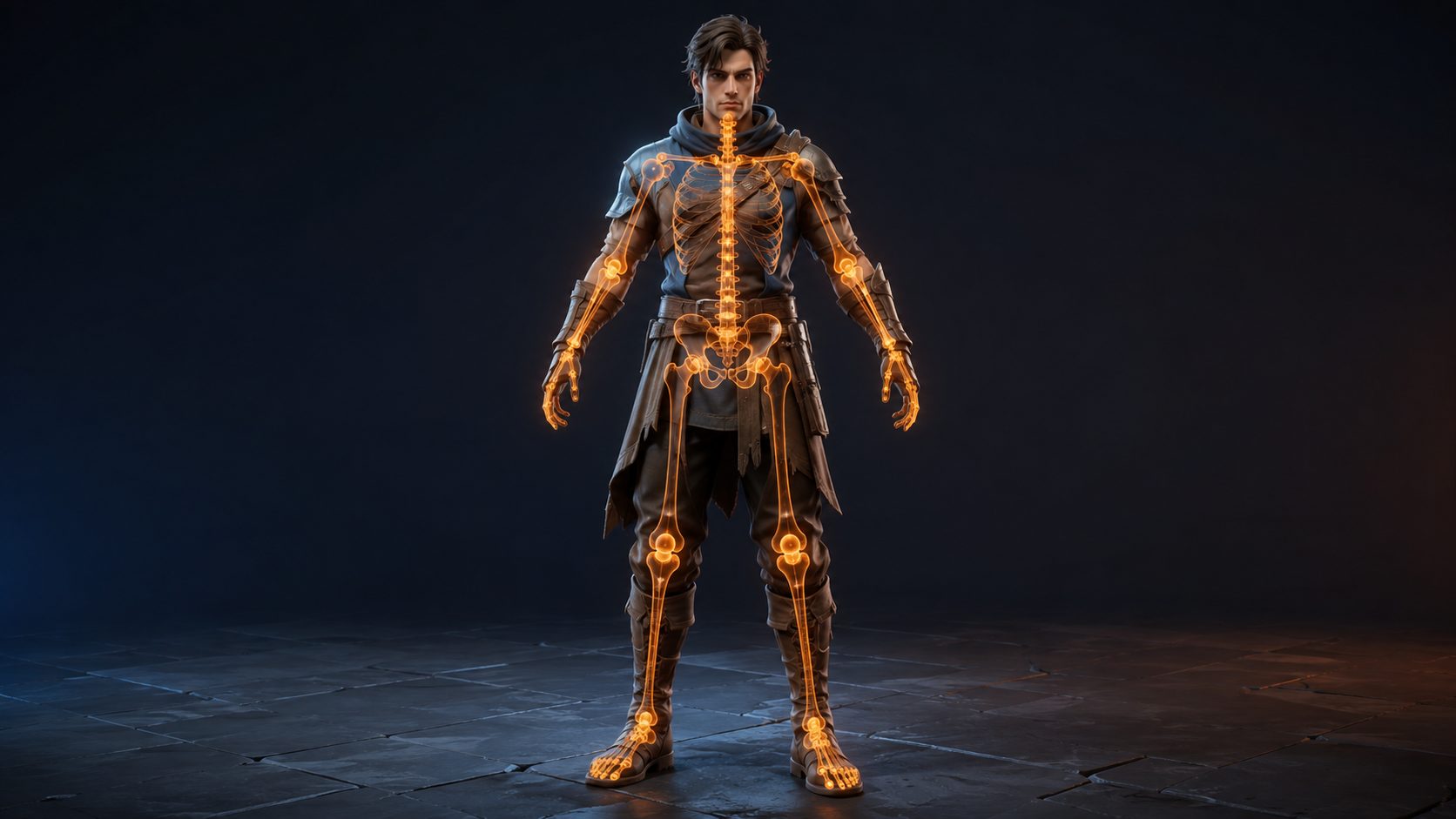A stylized rigged game character with a translucent skeleton overlay inside a game-like environment