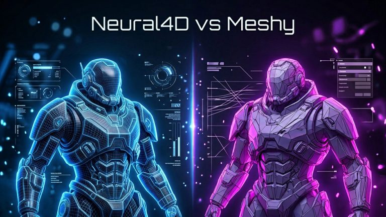 Neural4D vs Meshy comparison hero image showing AI-generated 3D model workflow, clean topology, and production-ready asset quality