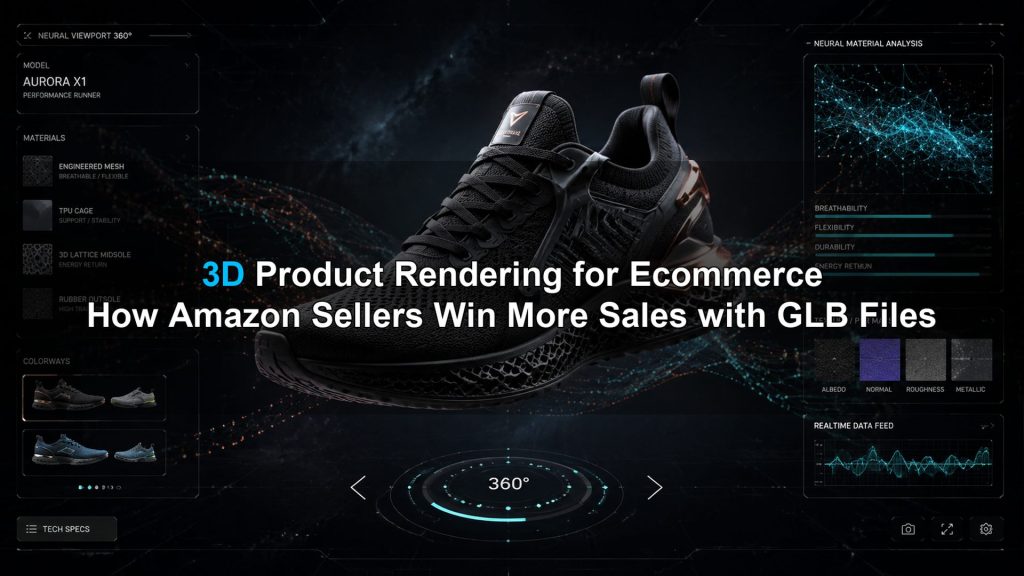 3D product rendering for ecommerce showing an AI-generated GLB model with PBR textures in an interactive Amazon product viewer