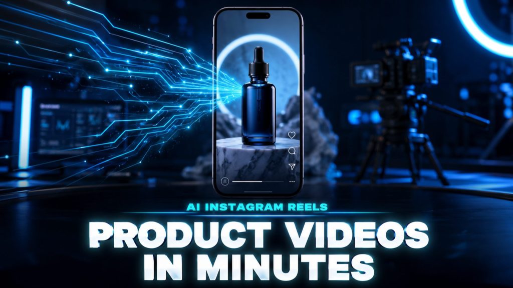 AI Instagram Reels product video generation smartphone display futuristic dark tech visualization