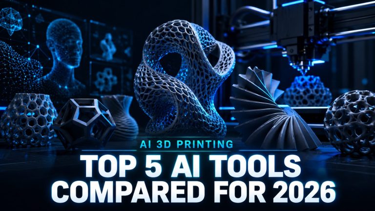 Best AI tools for 3D printing comparison hero image showing 3D printed models and tools