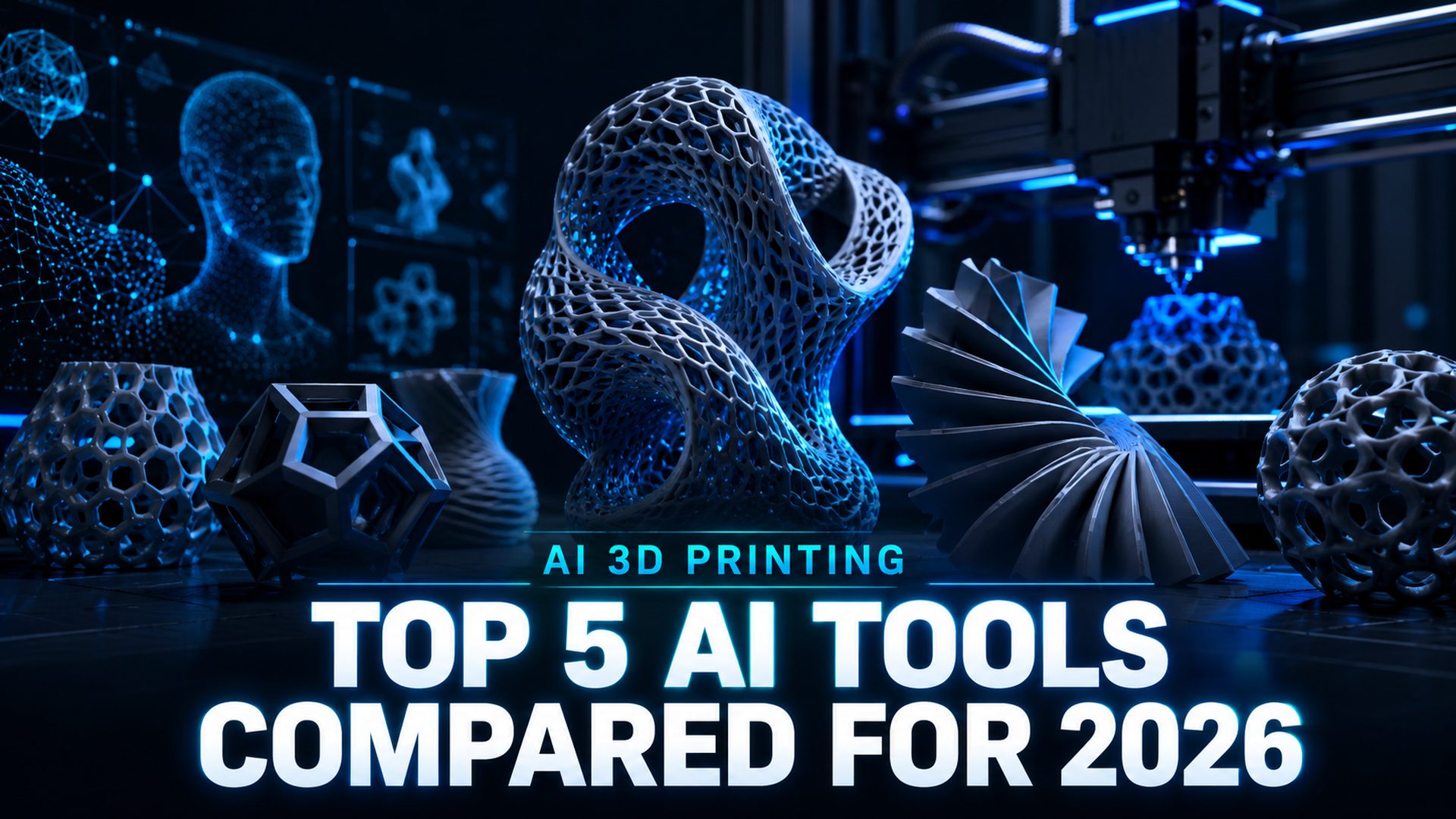 Best AI tools for 3D printing comparison hero image showing 3D printed models and tools