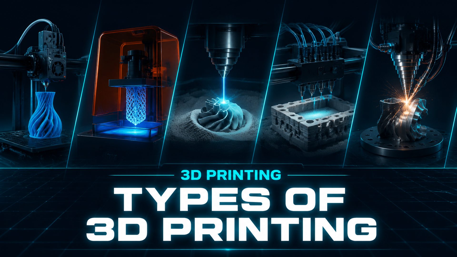 Types of 3D printing technology comparison guide featuring FDM SLA and SLS processes