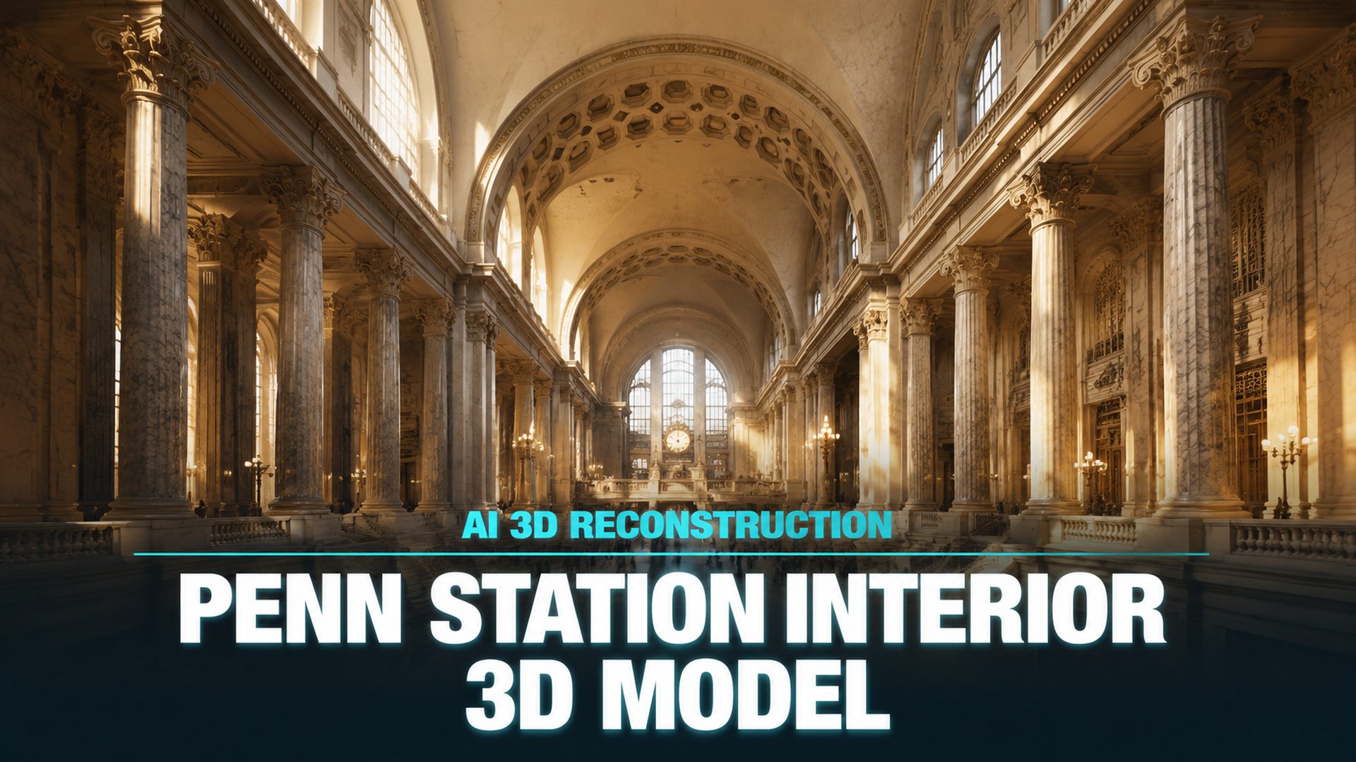 Penn Station interior 3D model with marble columns and vaulted ceiling generated by Neural4D AI