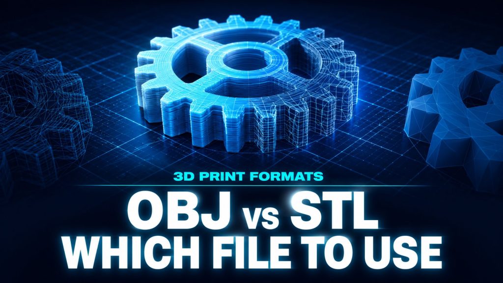 OBJ vs STL hero cover, glowing 3D printed gear on a dark navy grid background