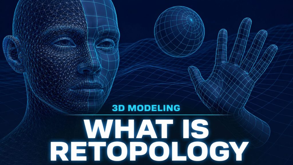 What is retopology in 3D modeling: clean wireframe mesh with organized topology flow