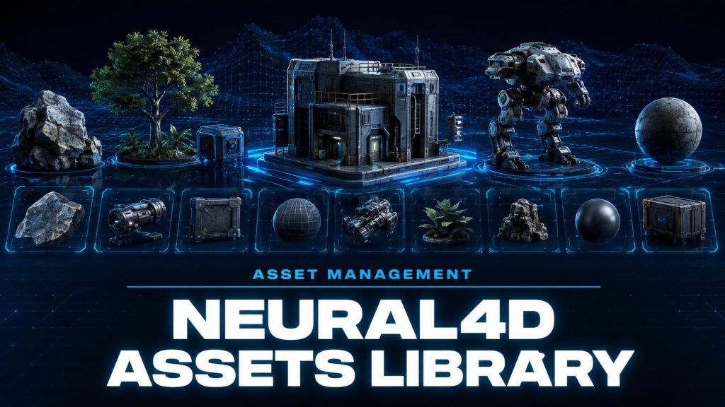 Neural4D Assets Library hero image showing organized 3D assets in a dark navy tech environment