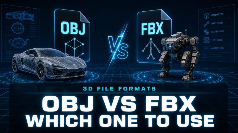 Magazine cover style image showing OBJ vs FBX 3D file format comparison with cyan title text on a dark navy background