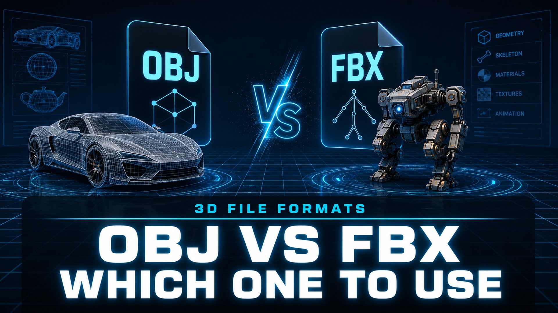 Magazine cover style image showing OBJ vs FBX 3D file format comparison with cyan title text on a dark navy background
