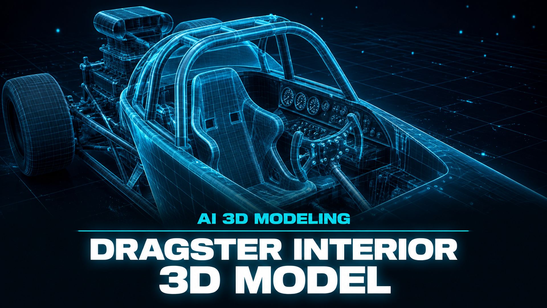 Dragster interior 3D model showing a detailed cockpit with seat, butterfly steering wheel and roll cage