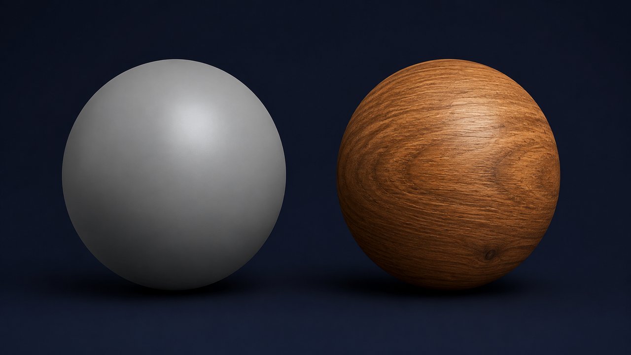 Two 3D spheres side by side, the left one with a flat grey plastic material and the right one covered in a wood grain texture