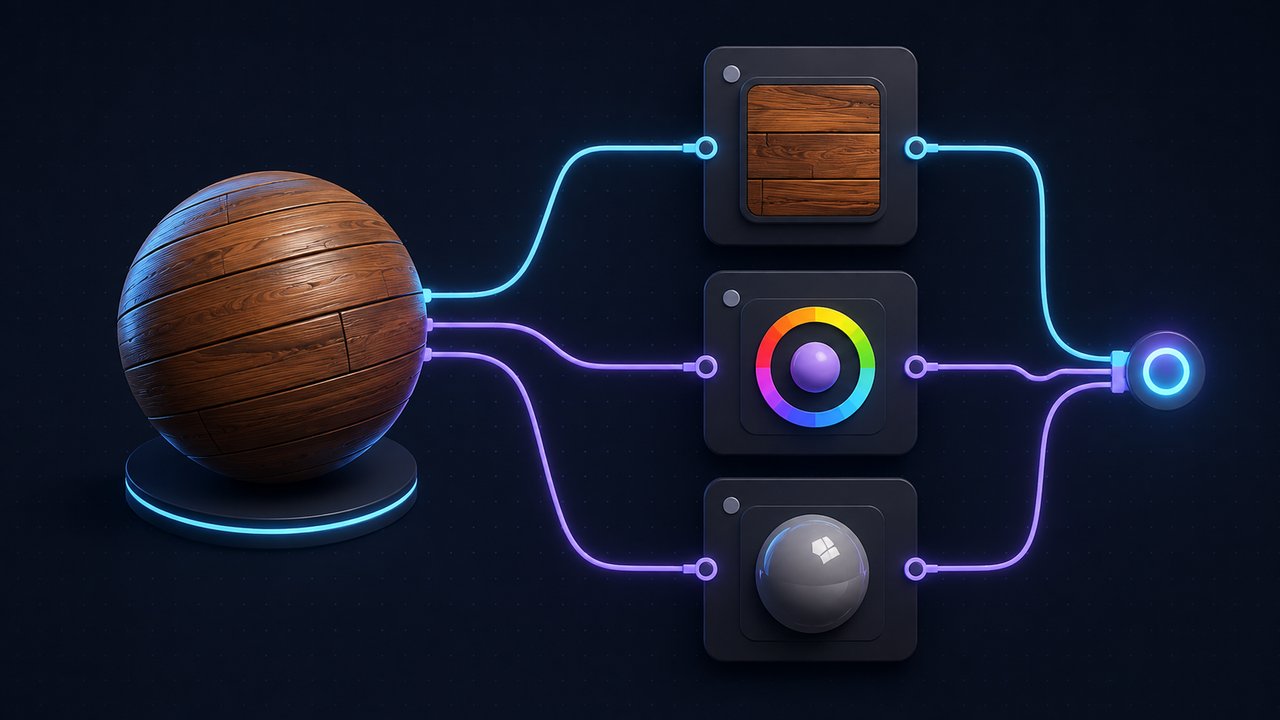 Blender Shader Editor showing an Image Texture node with a wood thumbnail connected to the Base Color input of a Principled BSDF shader node